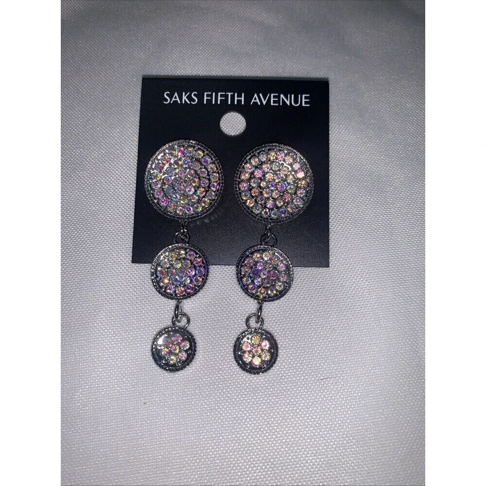 Saks Fifth Avenue Rhinestones Dangle Pierced 1.5" Earrings New - Picture 3 of 7